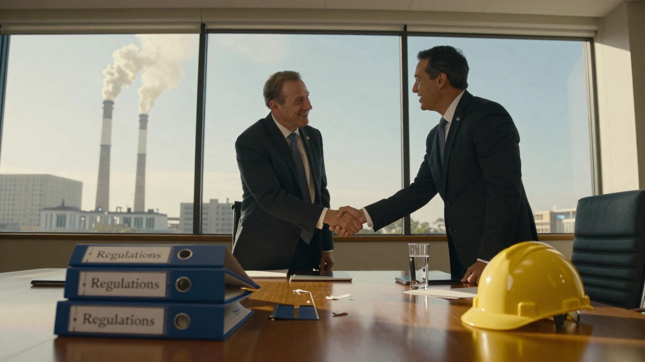 Dois homens em fatos apertam as mãos numa sala com vista para chaminés industriais e uma secretária com capacete amarelo.