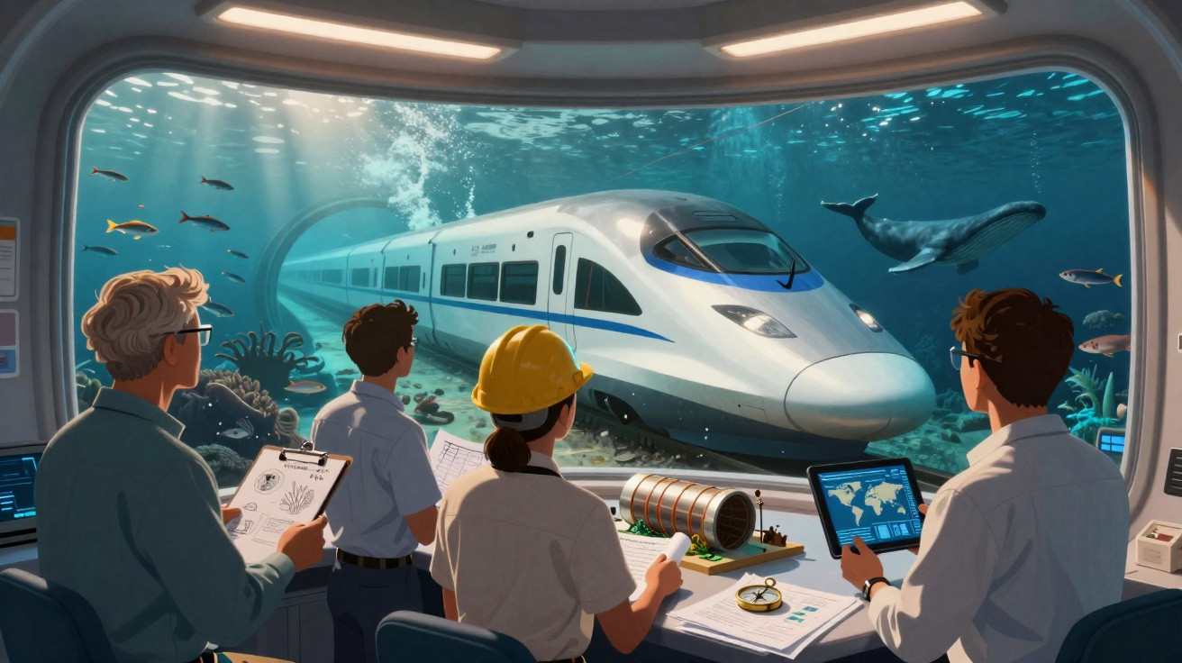 Quatro pessoas observam um comboio de alta velocidade submerso em ambiente aquático com peixes e baleia.
