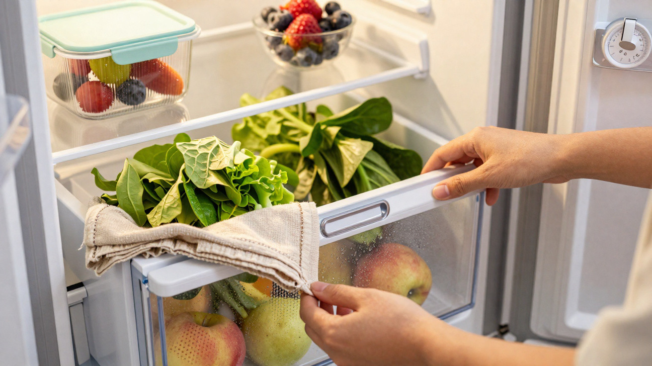 Mãos a abrir gaveta de frigorífico com verduras e frutas frescas no interior, incluindo maçãs e bagas.