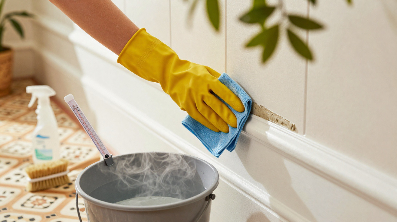 Mão com luva amarela a limpar a parede com um pano azul, ao lado balde com água quente e produtos de limpeza.