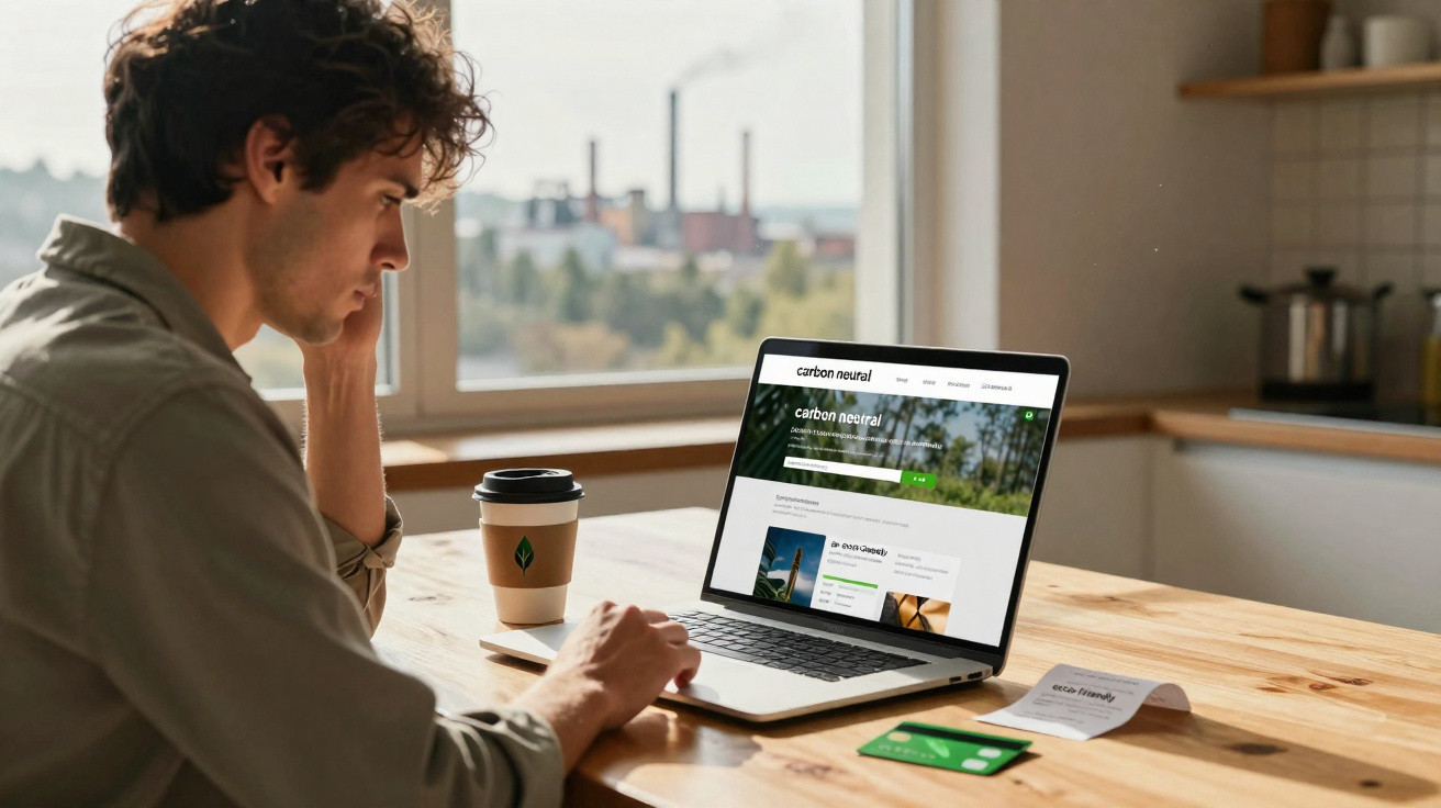 Homem a trabalhar num portátil com tema ambiental, numa mesa com café e cartões, junto a uma janela.