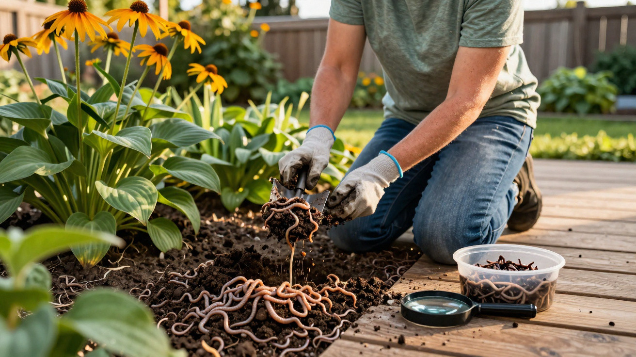 Pessoa a recolher minhocas com luvas para compostagem num jardim com flores amarelas.