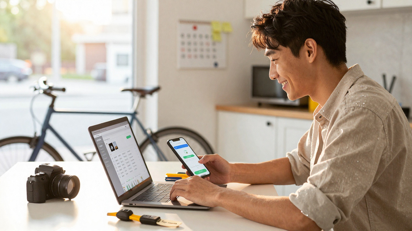 Homem sorridente a usar laptop e telemóvel numa mesa com câmara e bicicleta ao fundo, em ambiente luminoso.