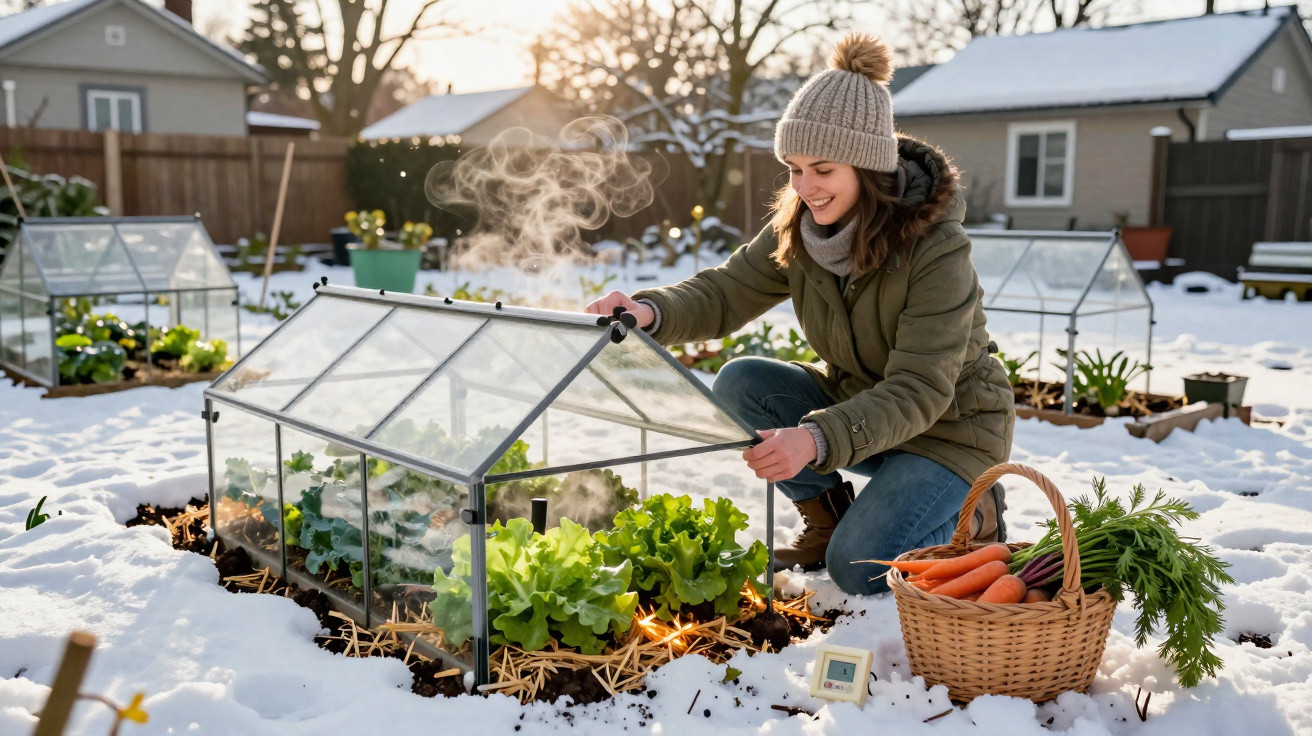 Mulher a abrir pequena estufa no jardim coberto de neve, com legumes e cesto de cenouras ao lado.