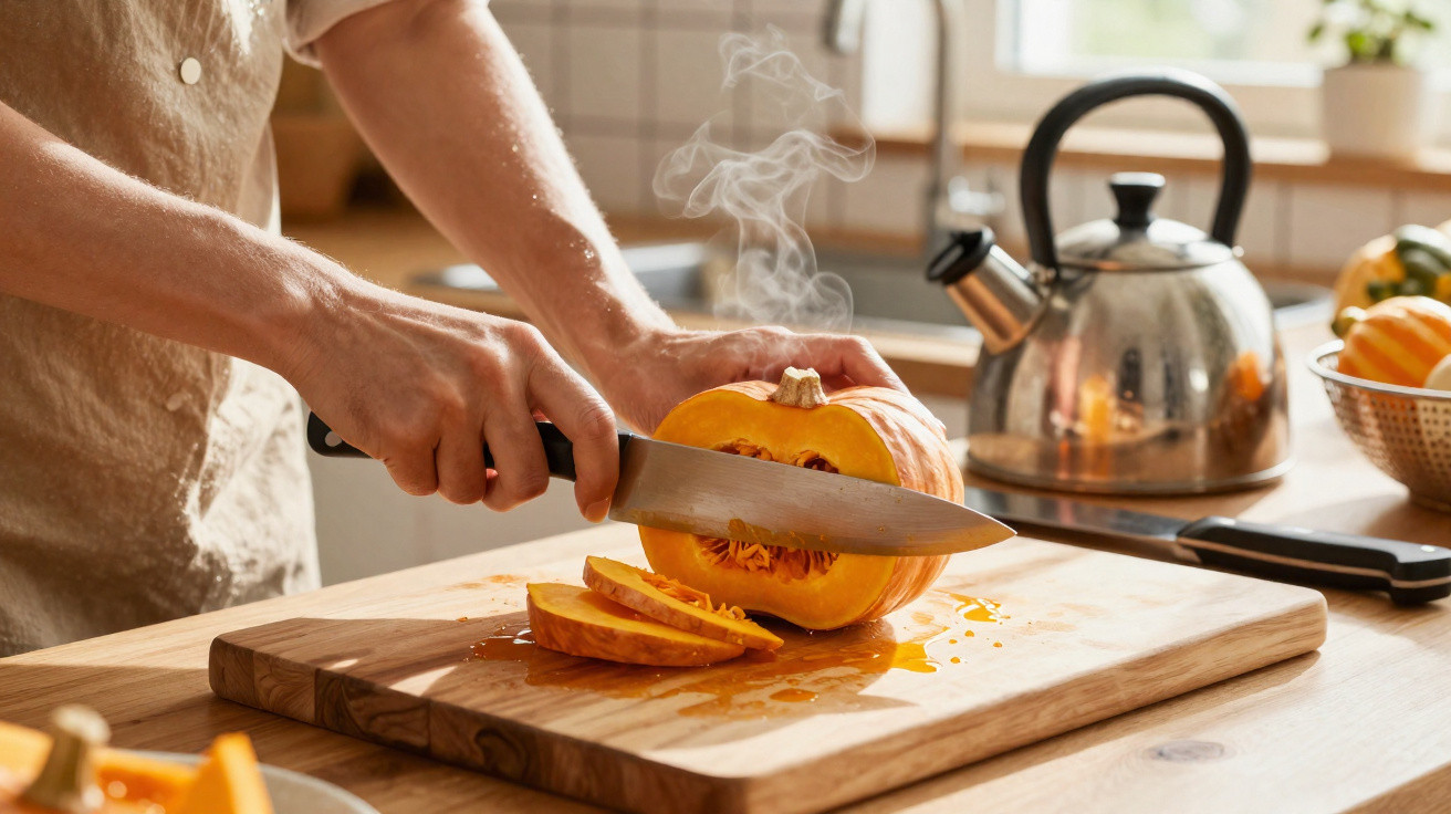 Pessoa a cortar uma abóbora fresca numa tábua de madeira numa cozinha iluminada.