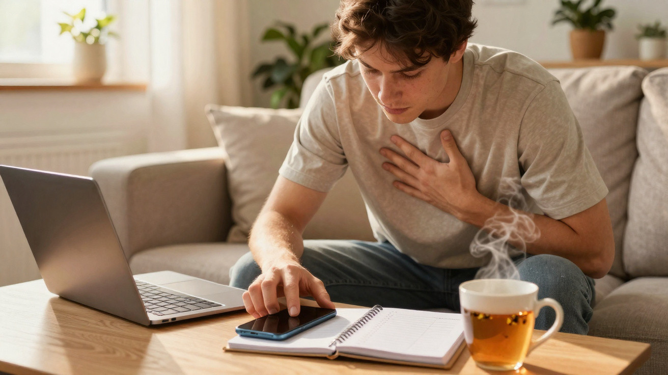 Jovem sentado no sofá com mão no peito, usando telemóvel, com portátil, caderno e chá na mesa à frente.
