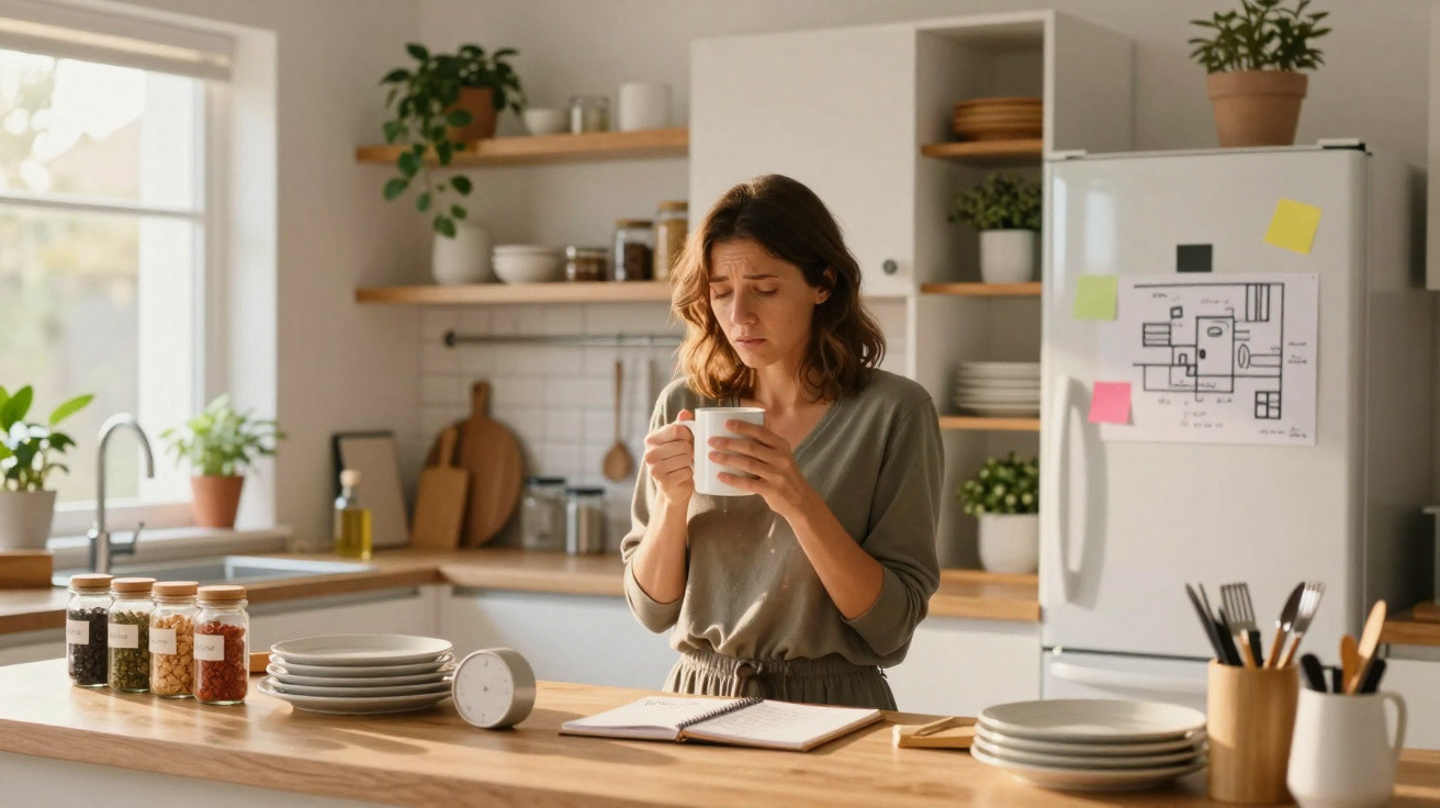 Mulher a segurar chávena na cozinha moderna, com expressão triste e caderno aberto sobre a bancada.