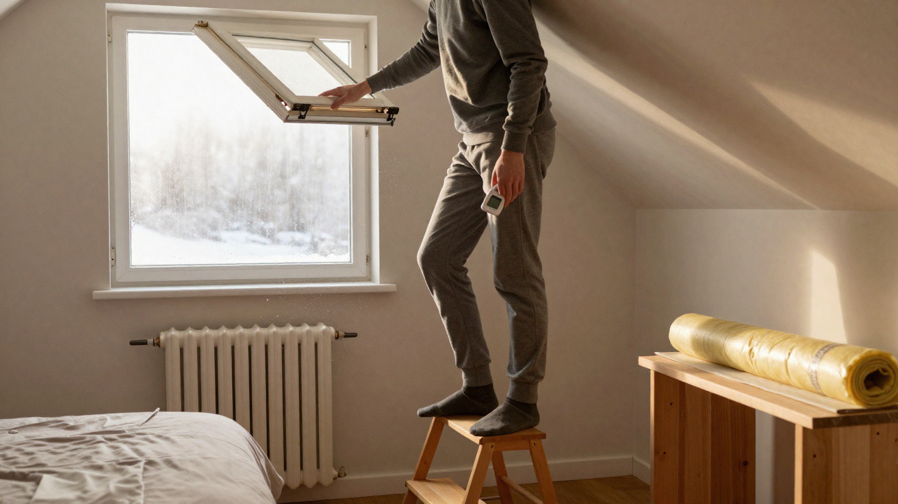 Pessoa a abrir janela para ventilar quarto com escadote e termómetro na mão em ambiente de inverno.