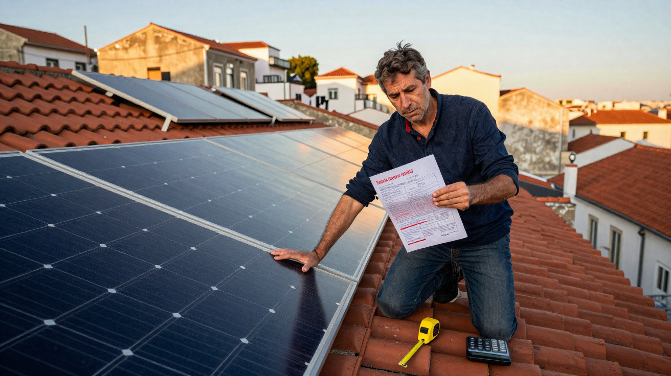 Homem em telhado com painéis solares analisa conta de eletricidade ao pôr do sol numa área urbana.