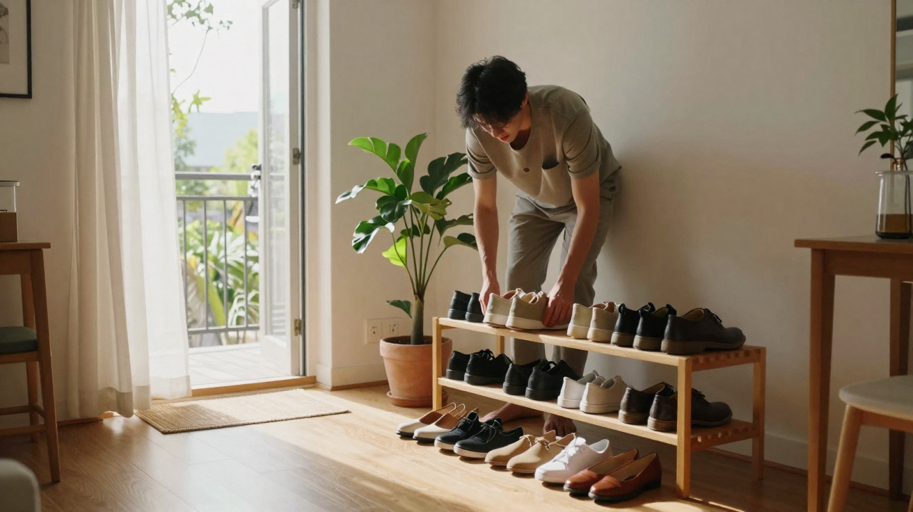 Pessoa a organizar sapatos em suporte de madeira numa sala com luz natural e planta junto à parede.