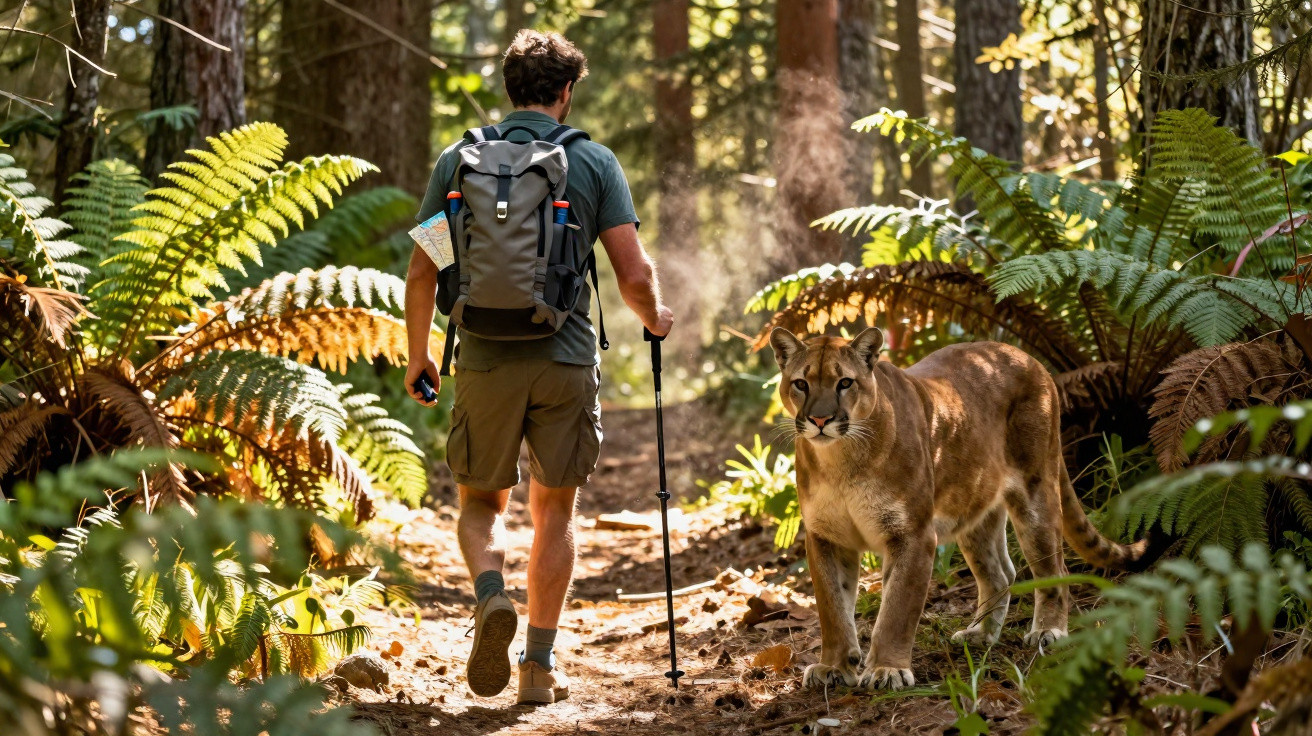 Homem com mochila e bastão de caminhada numa floresta, com uma puma ao seu lado na trilha.