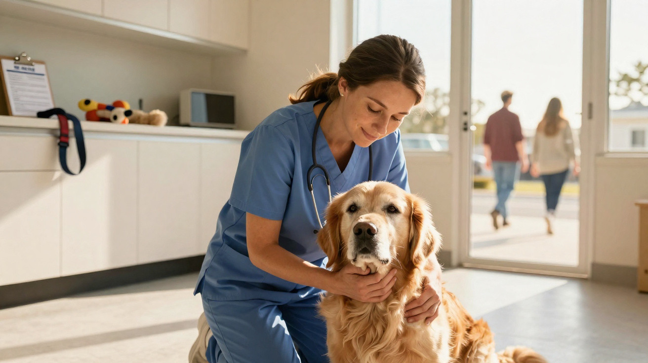 Veterinária com bata azul examina um cão golden retriever num consultório iluminado.