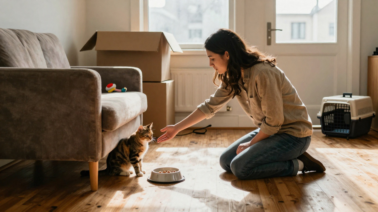 Mulher ajoelhada a alimentar e acariciar um gato dentro de casa com caixas e transportadora ao fundo.