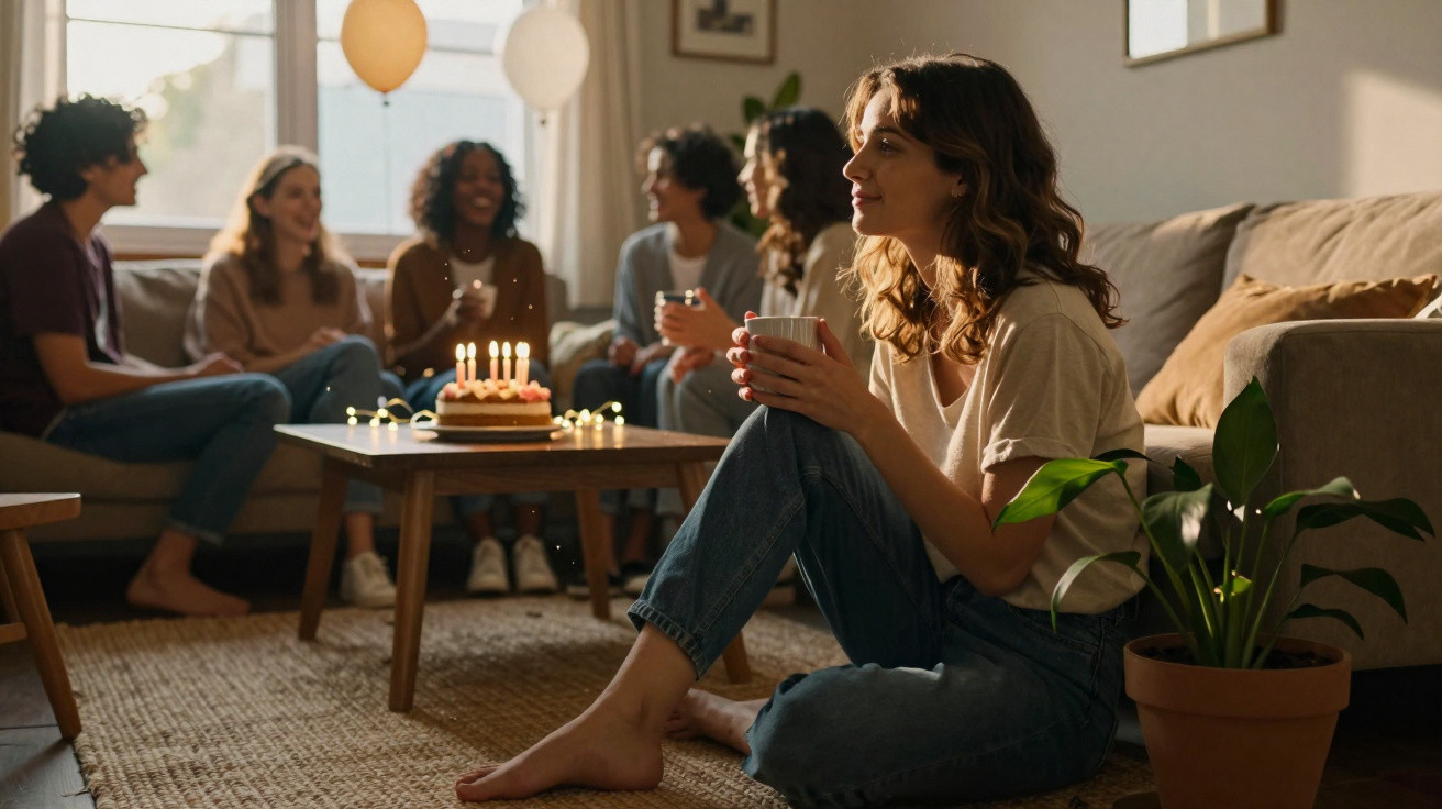 Mulher sentada no chão com chá, enquanto grupo conversa ao fundo numa festa de aniversário em casa.