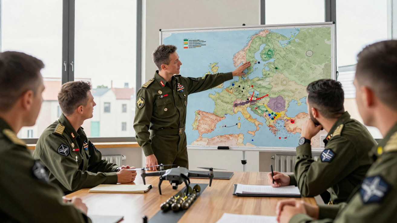 Militares em uniforme com reunião em sala, analisando mapa da Europa numa tábua branca.