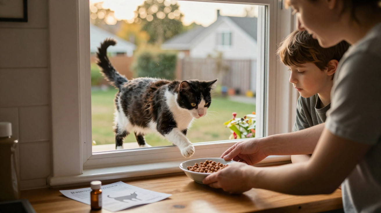 Criança e adulto a alimentar gato preto e branco através de janela numa cozinha iluminada.