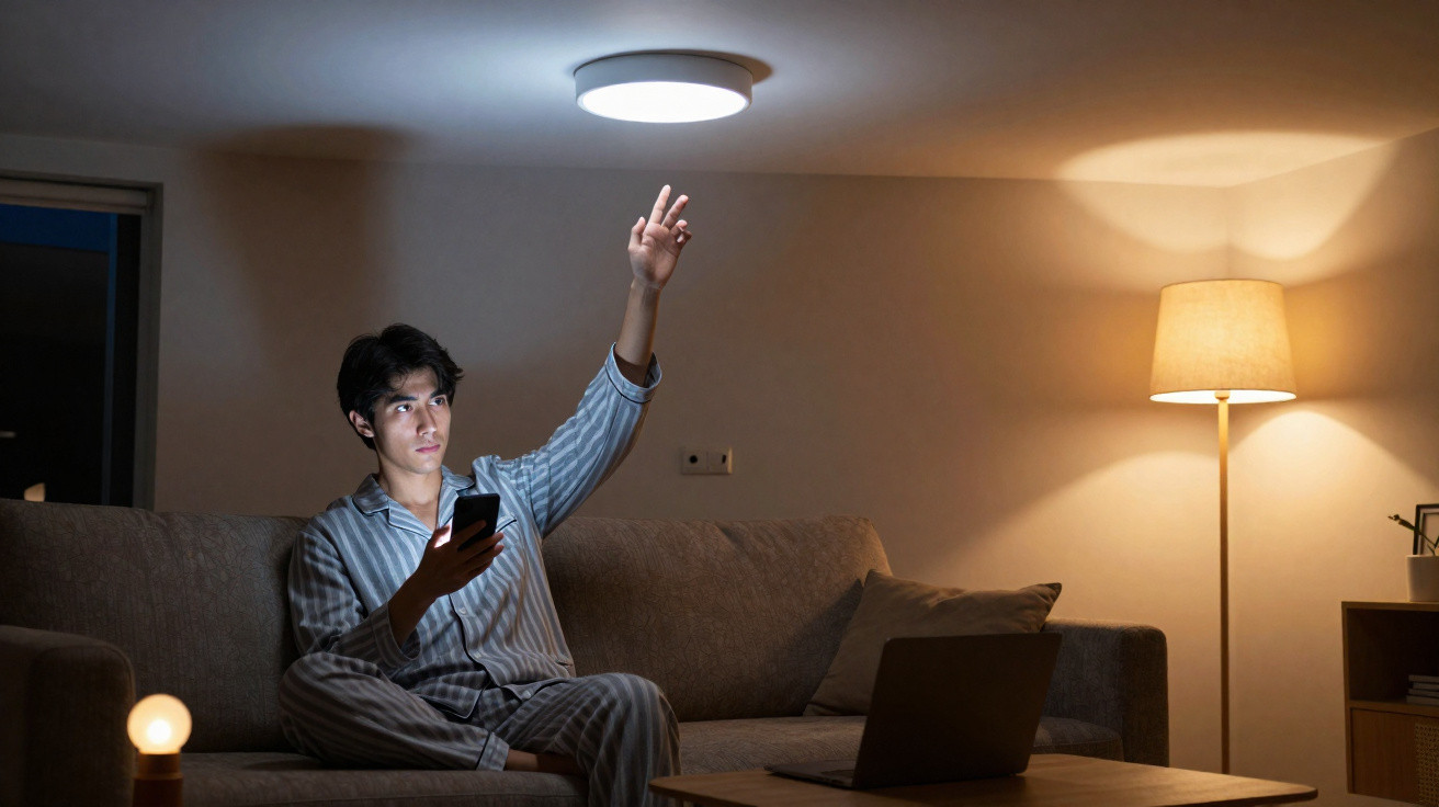 Homem em pijama no sofá a apagar luz de teto com comando à noite numa sala iluminada com candeeiro.