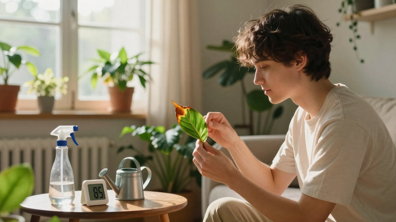 Pessoa a avaliar folha com sinal de doença em ambiente interior com plantas e ferramentas de jardinagem numa mesa.