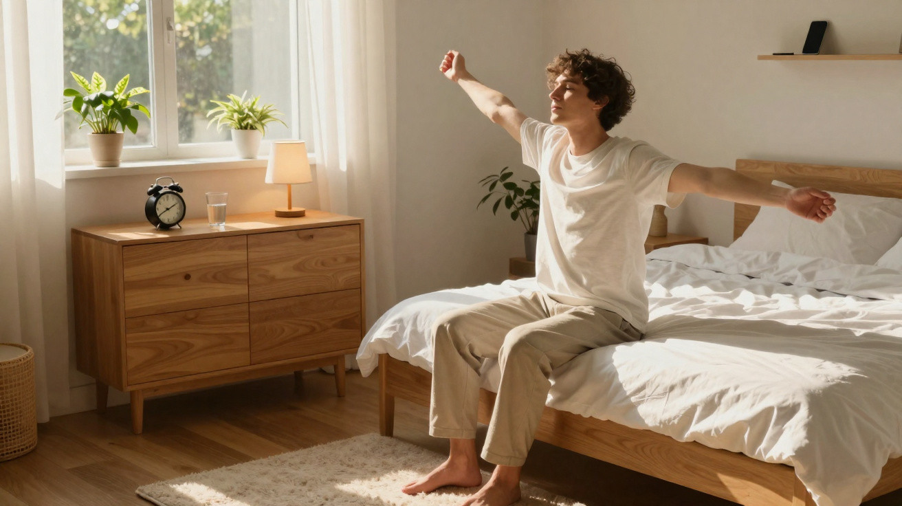 Homem sentado na cama a espreguiçar-se numa manhã luminosa num quarto simples e acolhedor.