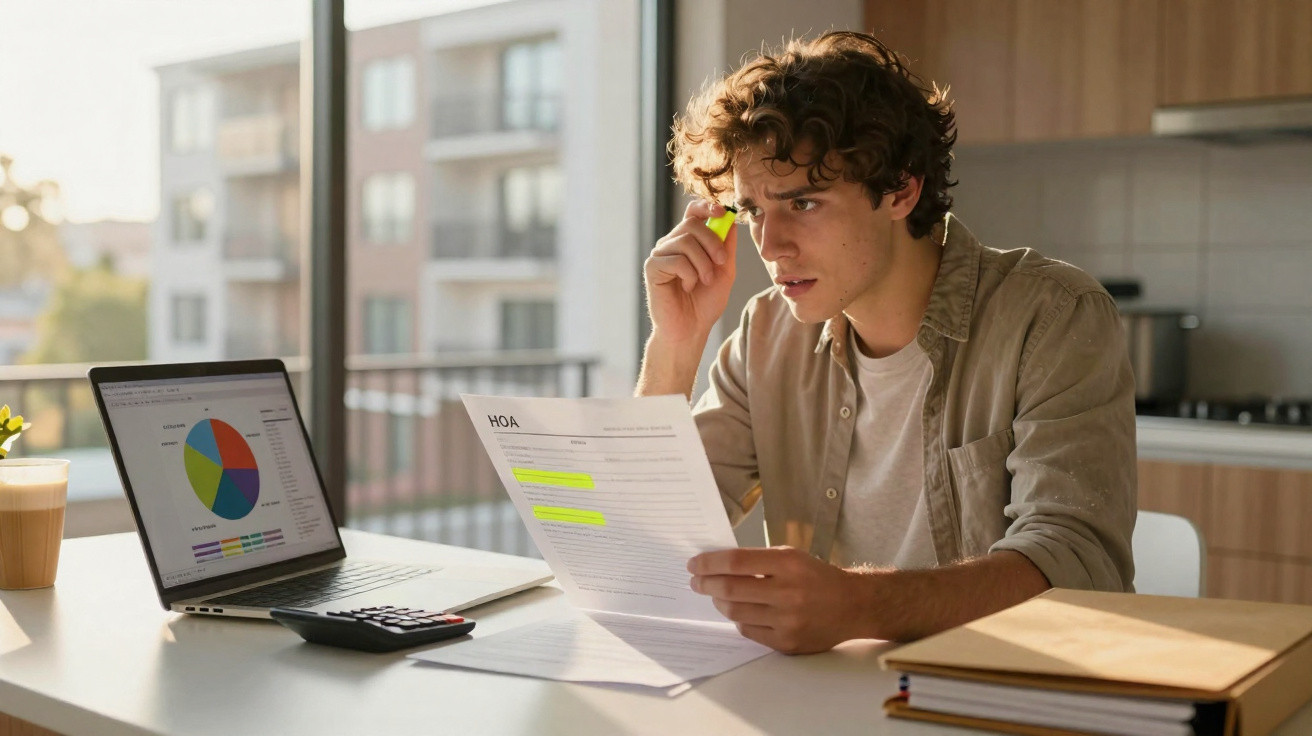 Jovem sentado à mesa a analisar documentos com gráficos num computador portátil e a sublinhar pontos.