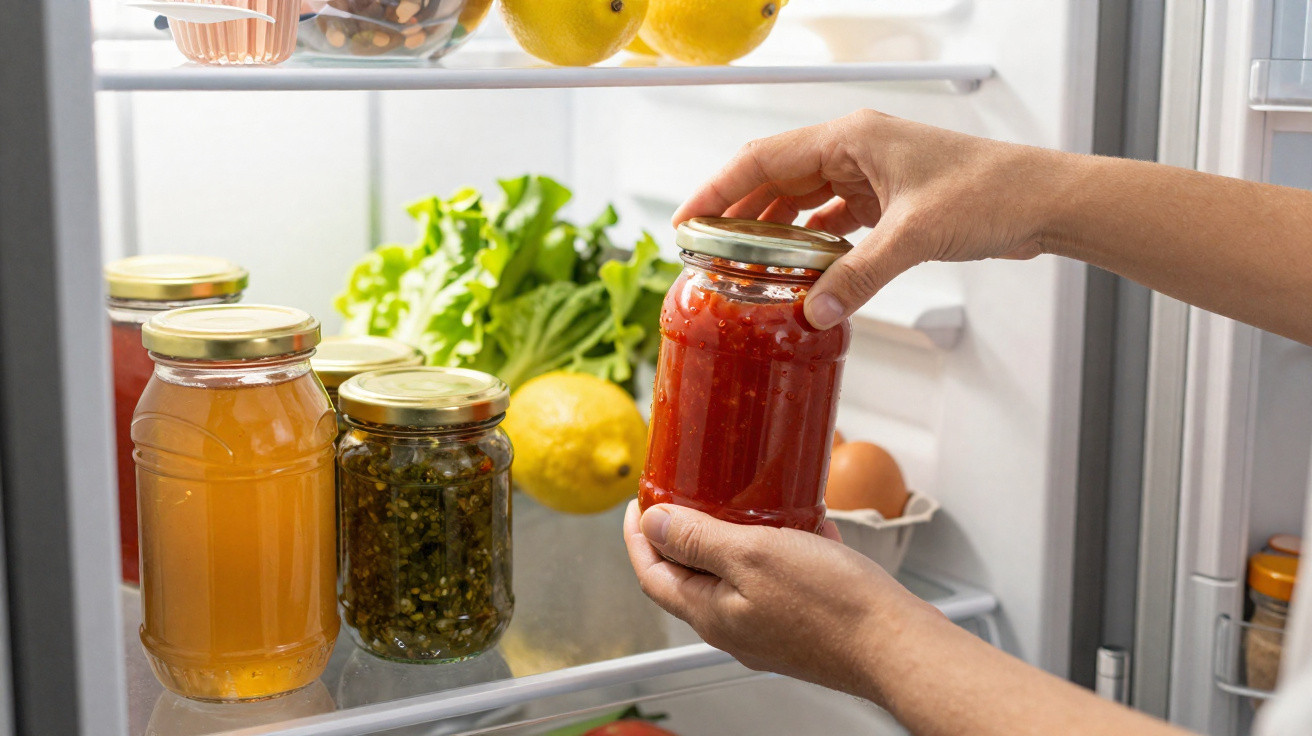 Mãos a guardar frasco de molho vermelho na porta de frigorífico cheio de legumes, limões e outros conservados.