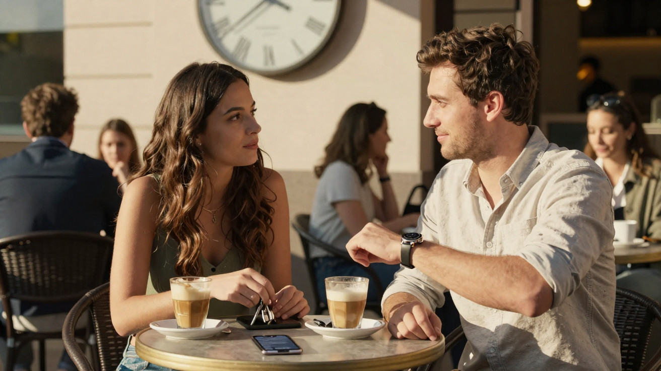 Homem e mulher a conversar num café ao ar livre, cada um com um vidro de café à frente, sob relógio de parede.