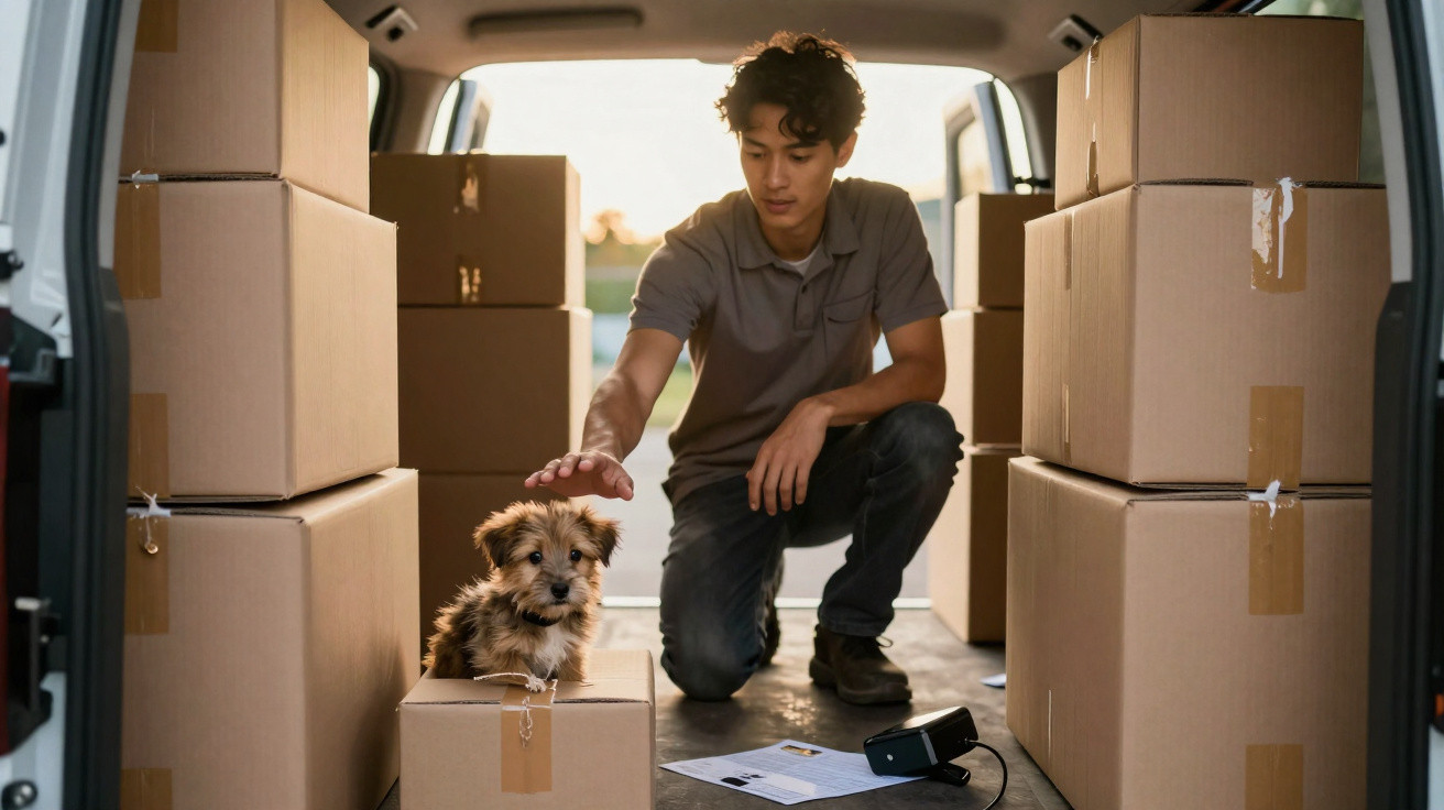 Jovem a acariciar um cachorrinho sentado numa caixa dentro de uma carrinha com várias caixas de mudança.