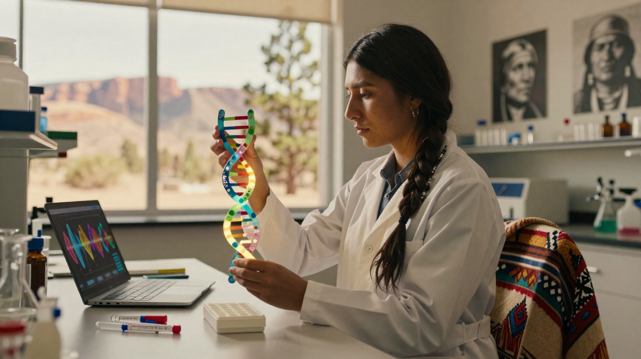 Cientista em laboratório a examinar modelo colorido de DNA sentado junto a computador portátil.
