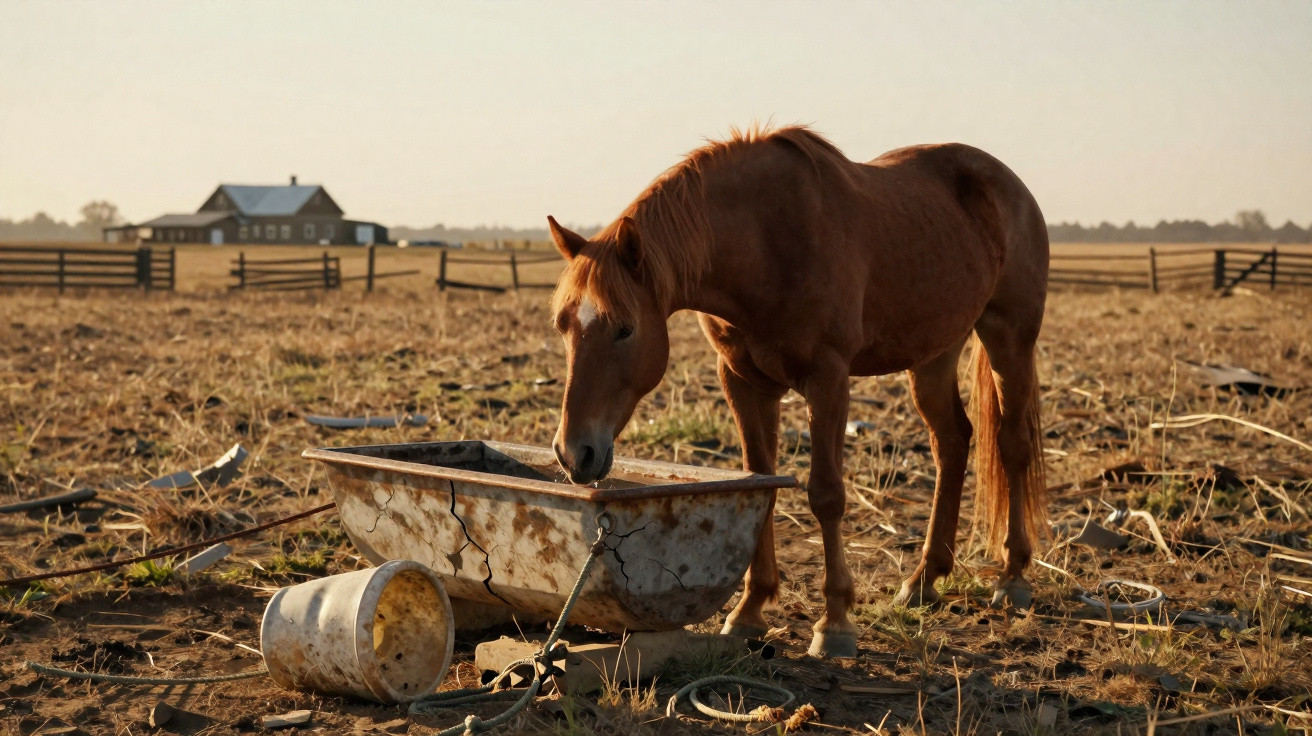 Cavalo castanho a beber água numa vedação rural com casa ao fundo sob luz suave do pôr do sol.