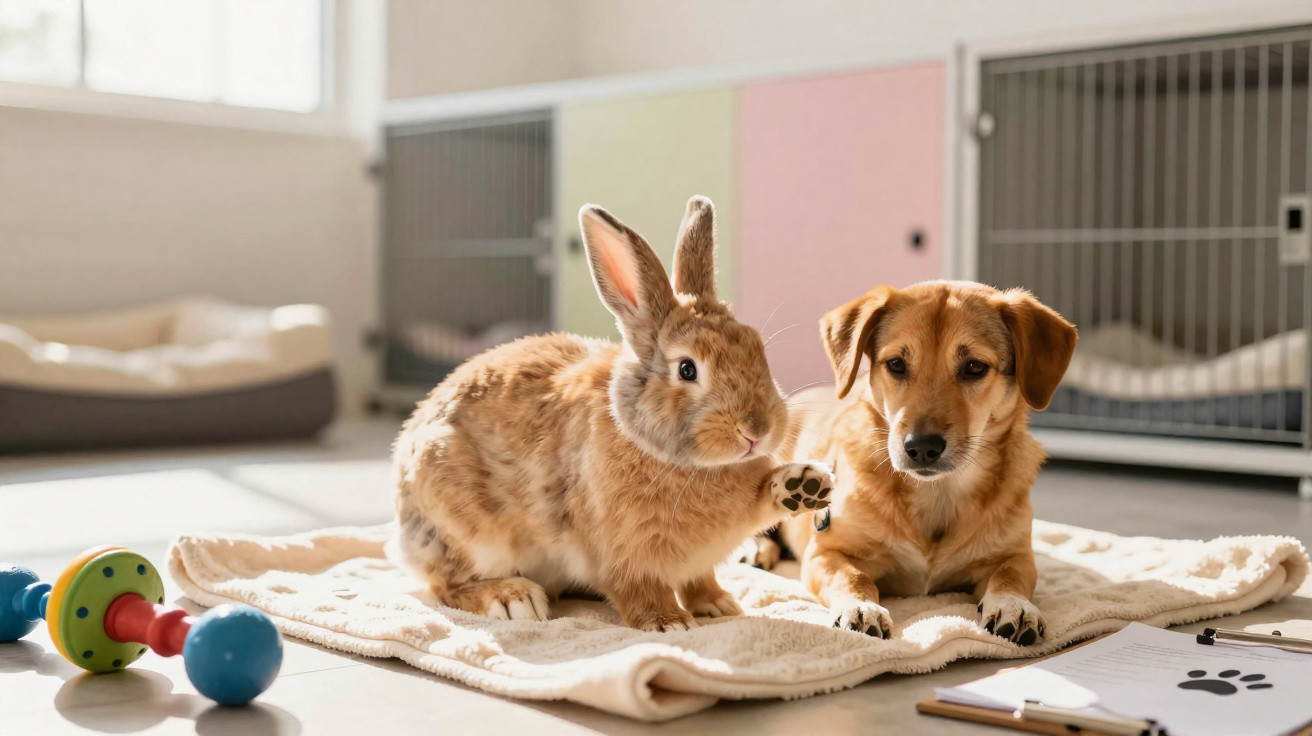 Coelho e cão juntos numa manta numa sala iluminada com brinquedos e camas para animais.