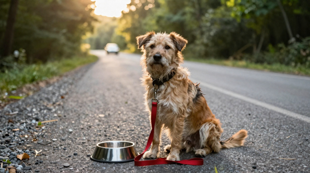 Cão castanho sentado numa estrada com trela vermelha e um prato metálico vazio ao lado.