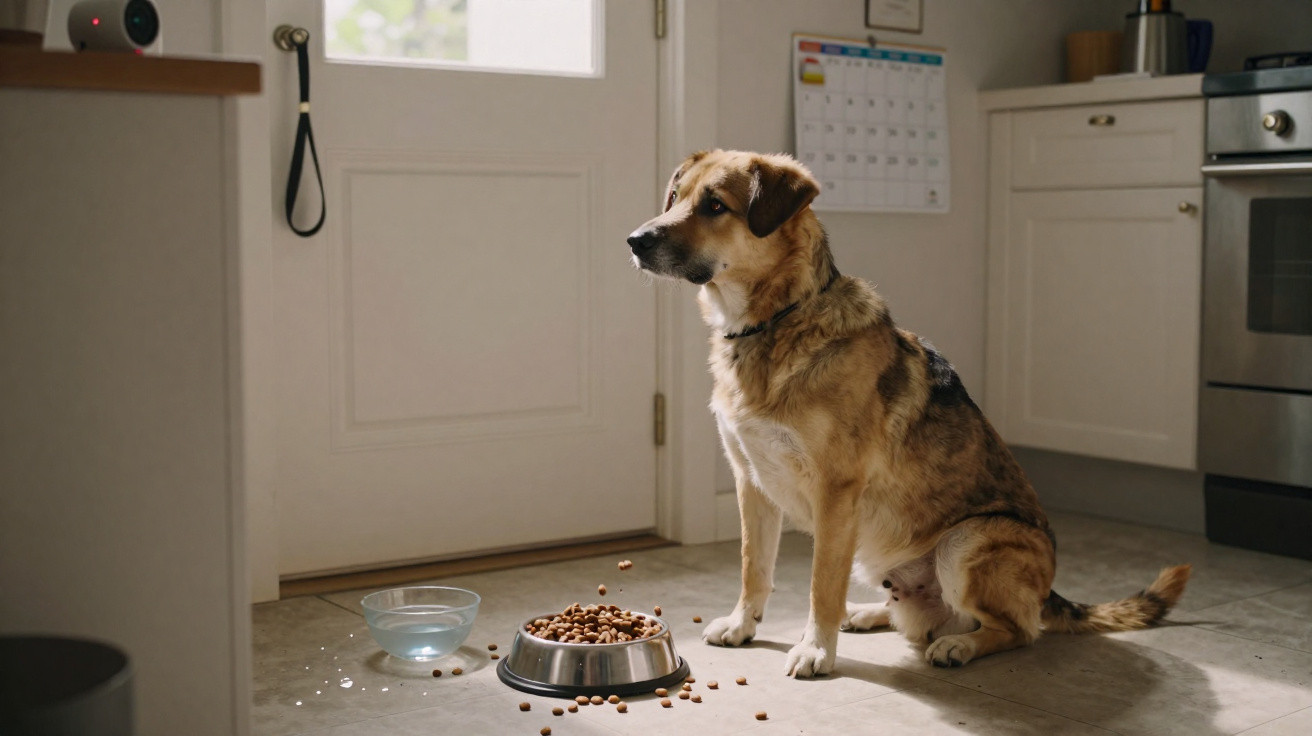 Cão castanho sentado na cozinha, junto a uma porta, com tigela de água e comida espalhada no chão.