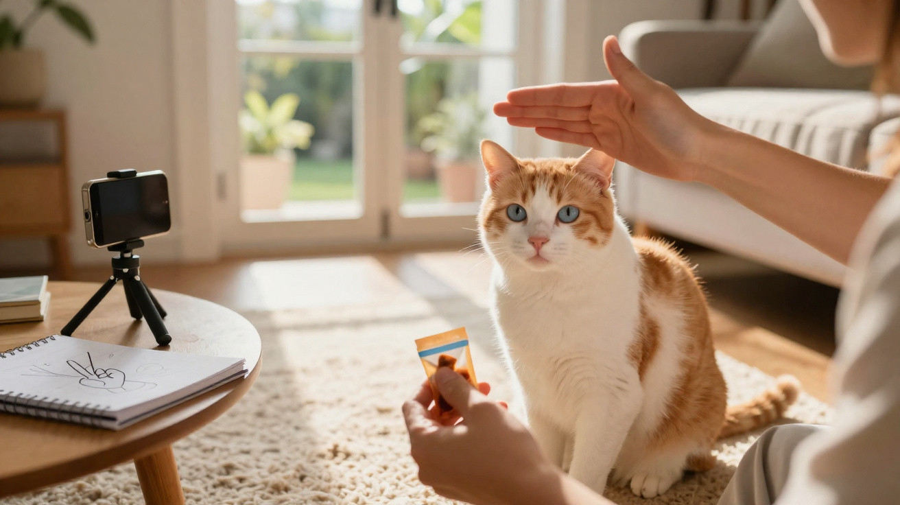 Pessoa a treinar um gato laranja e branco em sala iluminada, com câmera de gravação a captar a cena.