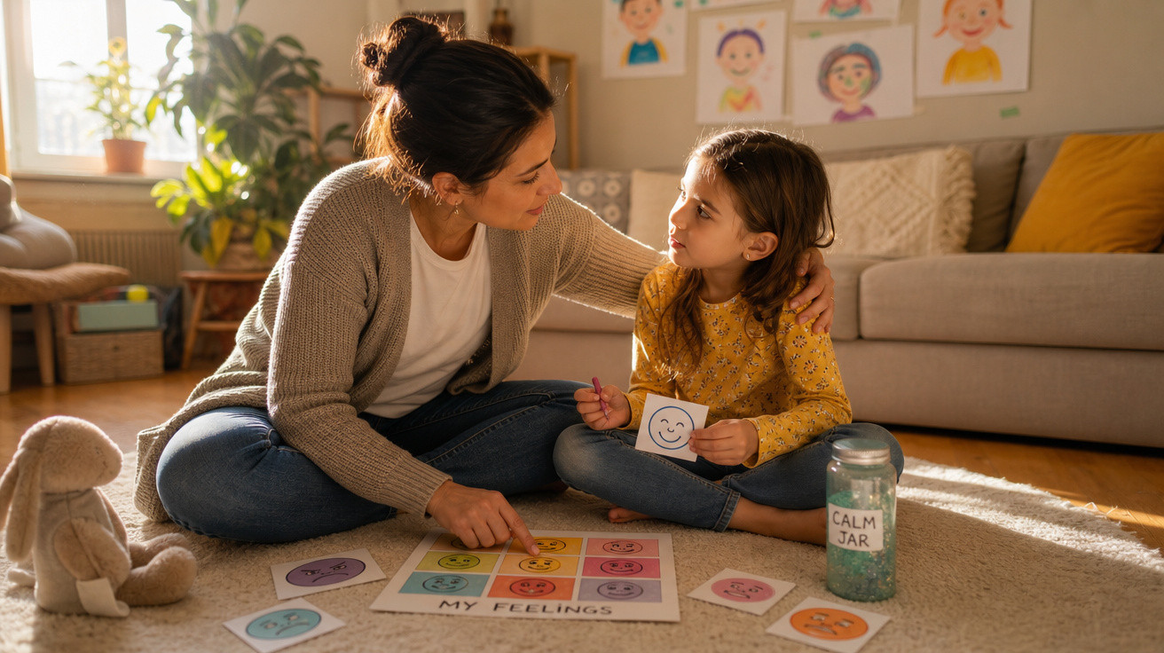 Mulher e menina sentadas no chão, em casa, a explorar emoções com desenhos coloridos e jarro "Calm Jar".