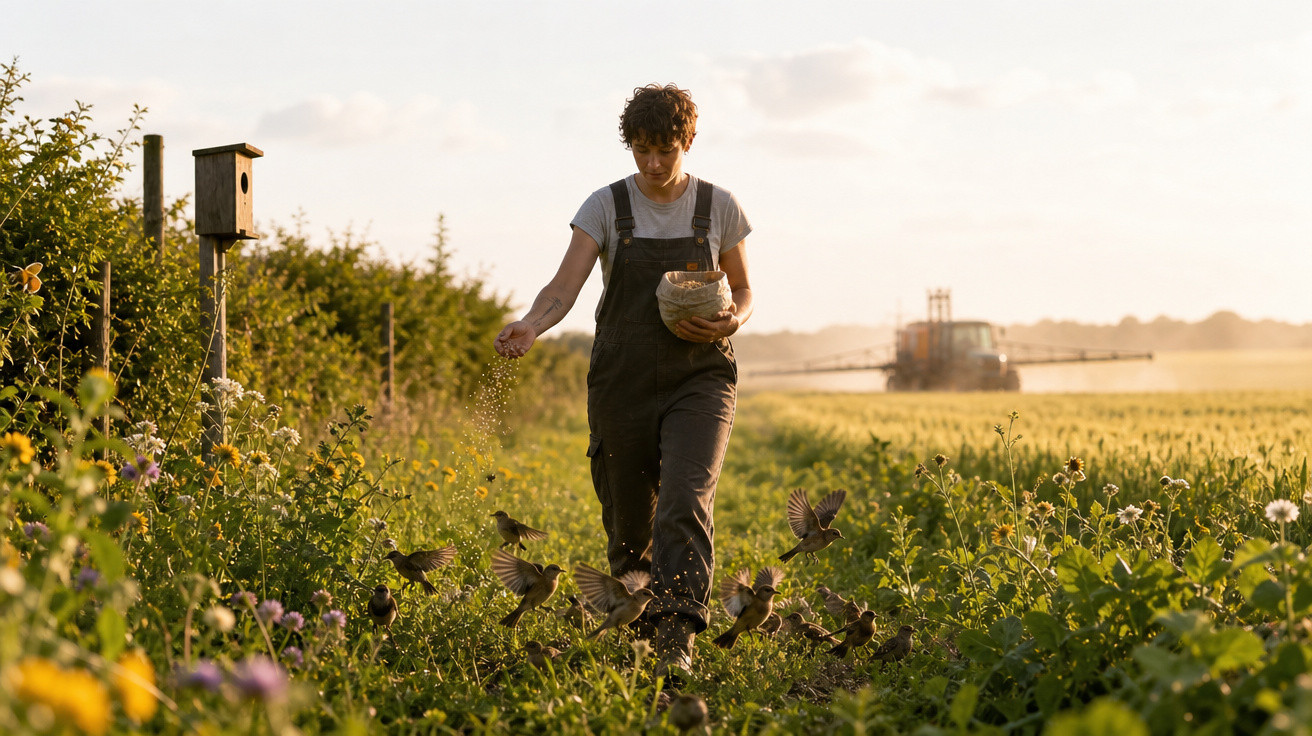 Pessoa a alimentar pássaros numa horta ao entardecer, com maquinaria agrícola ao fundo.