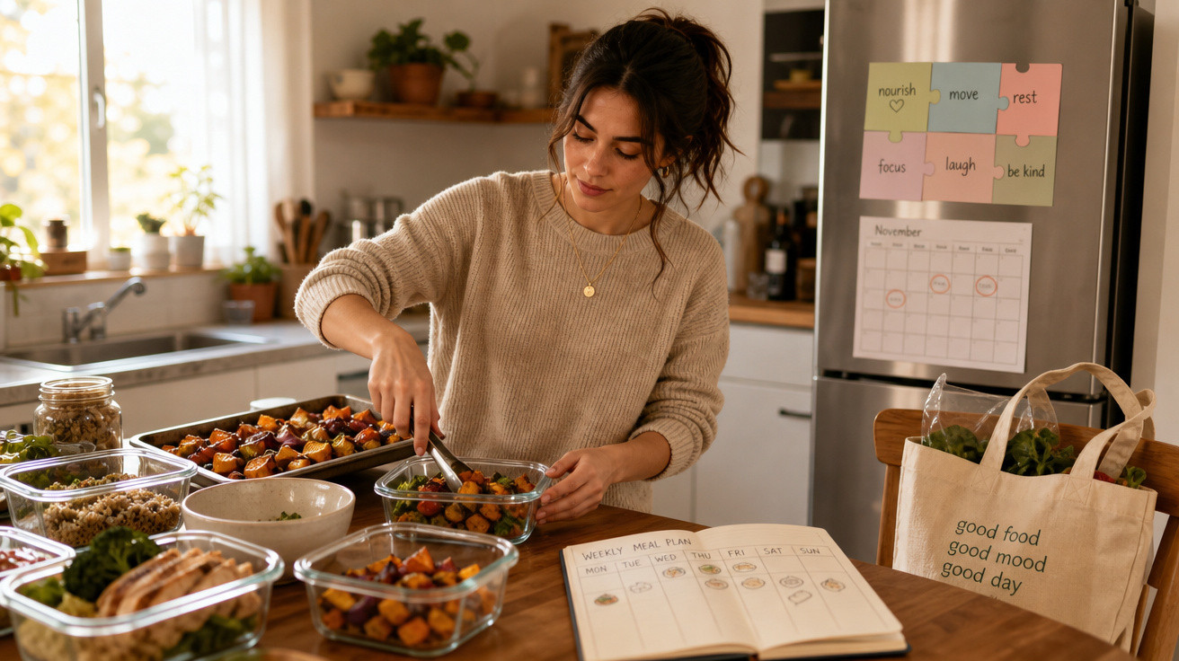Mulher a preparar refeições saudáveis em pratos de vidro na cozinha, com plano de refeições aberto na mesa.