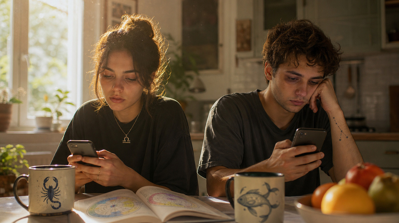 Casal sentado à mesa a olhar para telemóveis, ao lado de livros de astrologia e canecas decoradas.
