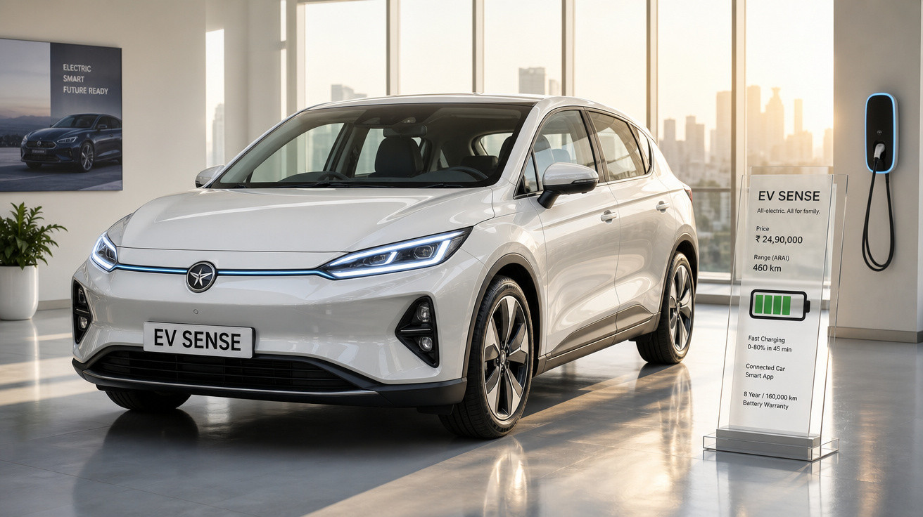 Carro elétrico branco EV SENSE estacionado em sala com parede de vidro e estação de carregamento elétrica.