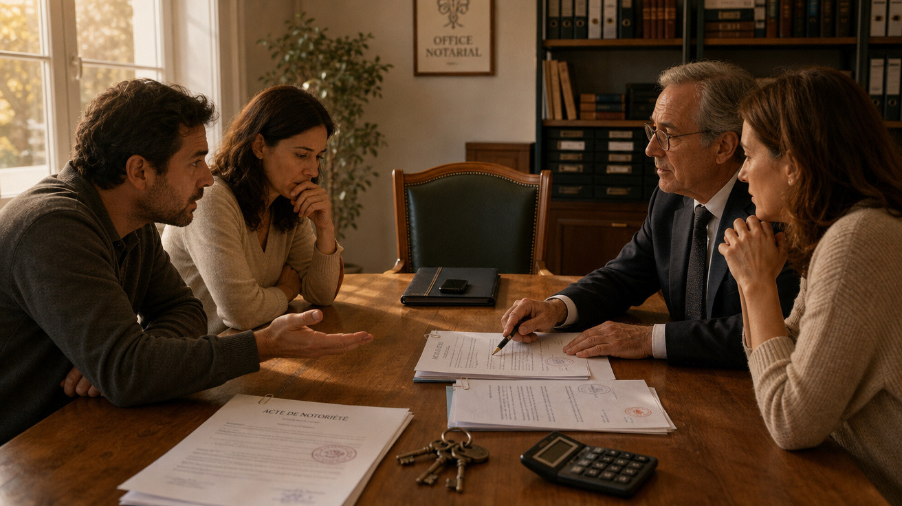 Casal consulta advogado numa mesa com documentos e chaves numa sala de escritório notarial.
