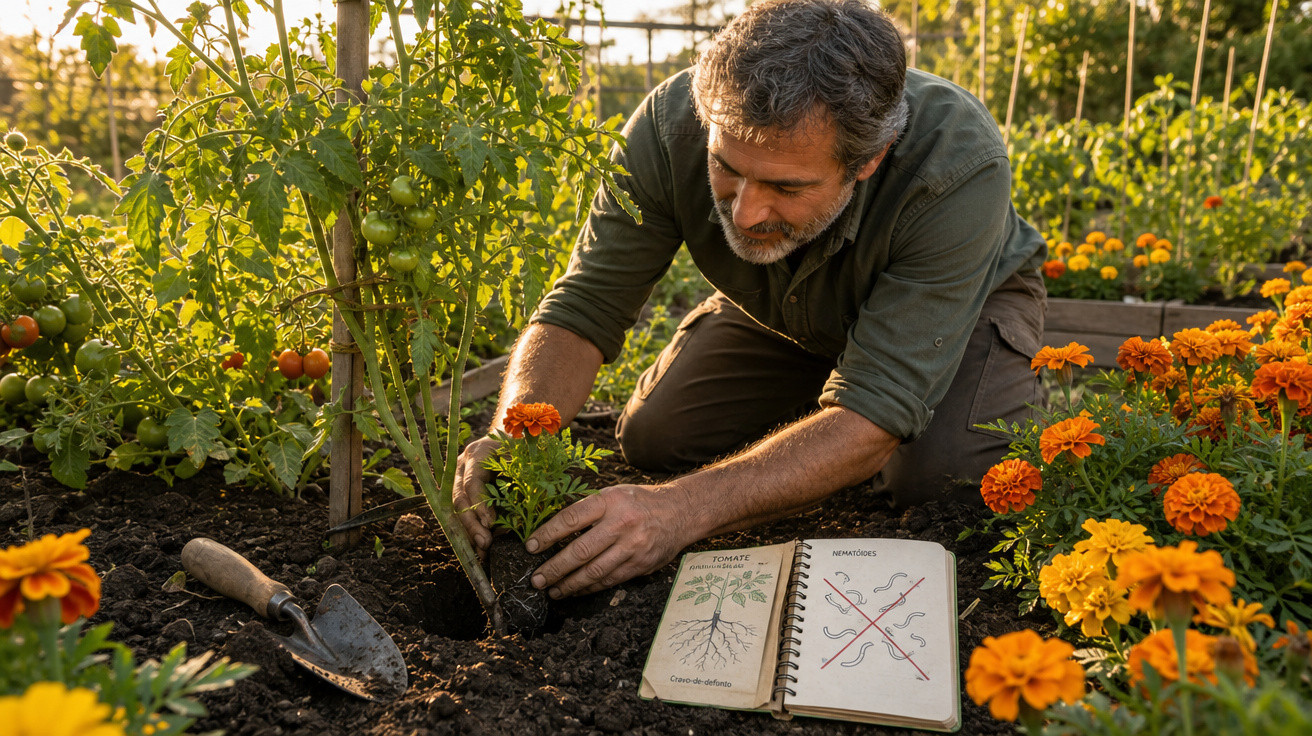 Homem adulto a plantar flores em canteiro de jardim rodeado de tomateiros e caderno de jardinagem aberto.