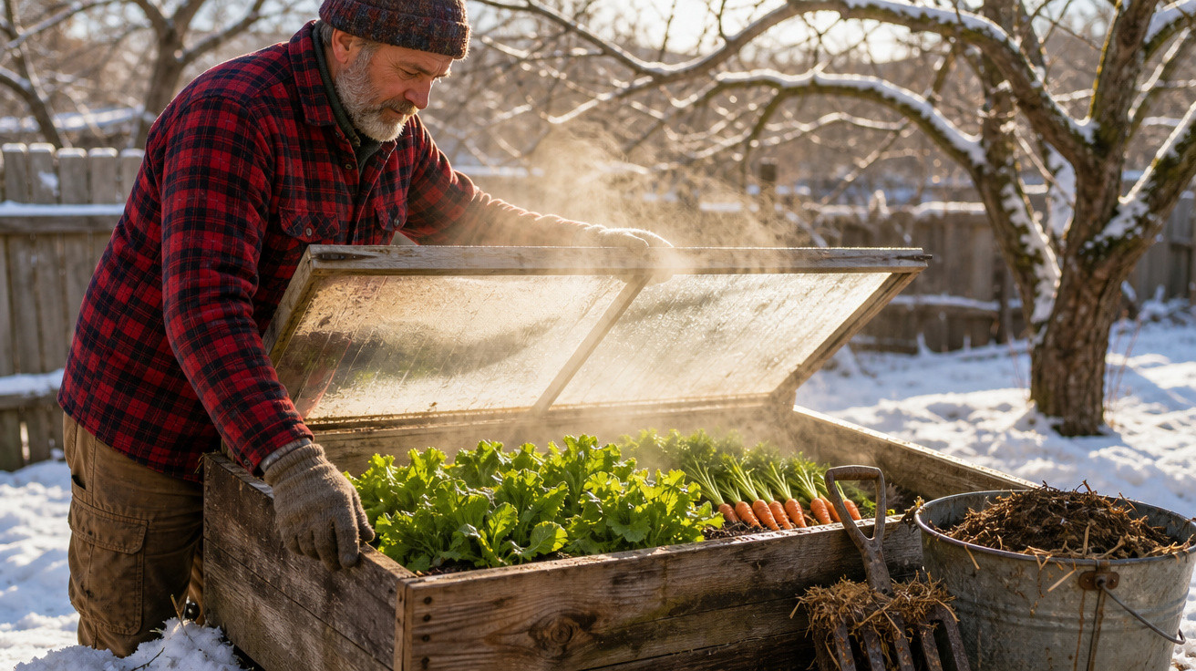 Homem a abrir um pequeno estufa de madeira com vegetais verdes e cenouras num jardim com neve.