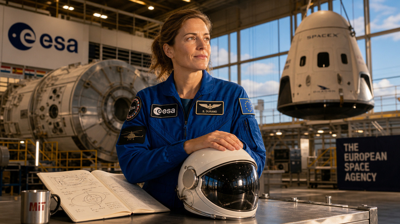 Astronauta da ESA com fato azul, capacete branco e caderno de anotações numa instalação espacial da ESA.