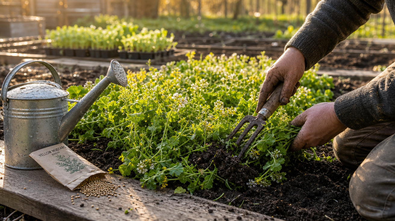 Pessoa a cuidar de plantas num jardim com regador metálico e pacotes de sementes.