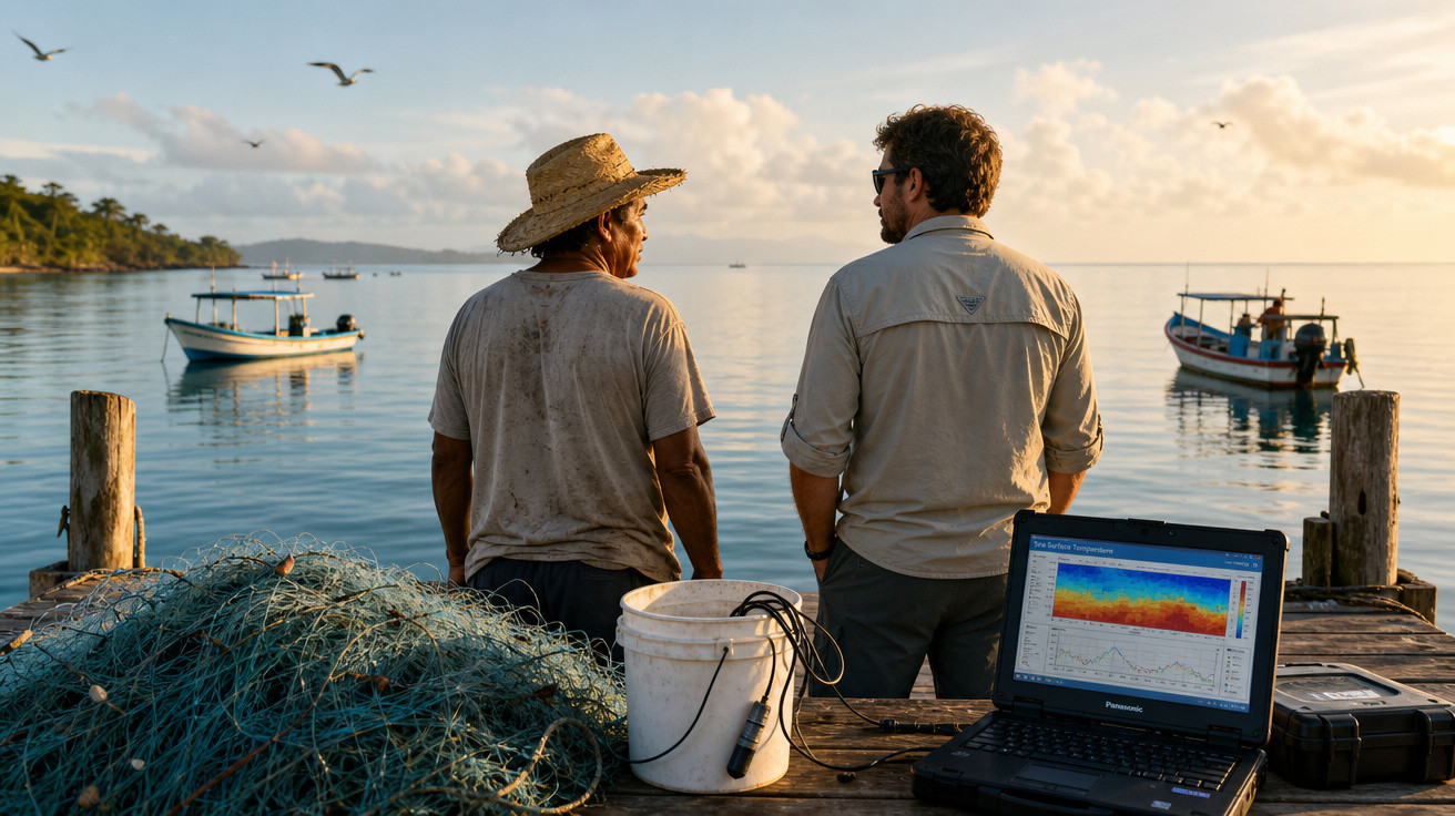 Dois homens conversam num cais com redes de pesca, barcos no mar calmo ao pôr do sol e computador ligado.