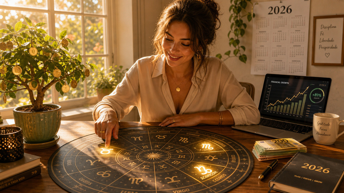 Mulher sentada à mesa com mapa astral iluminado, laptop com gráfico financeiro, plantas e caderno 2026.