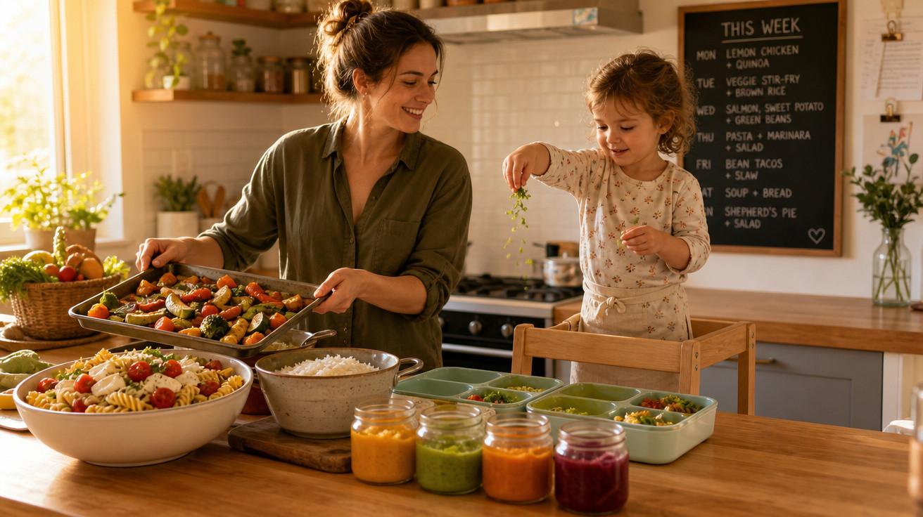Mãe e filha a preparar refeições saudáveis numa cozinha iluminada, com legumes e saladas na bancada.