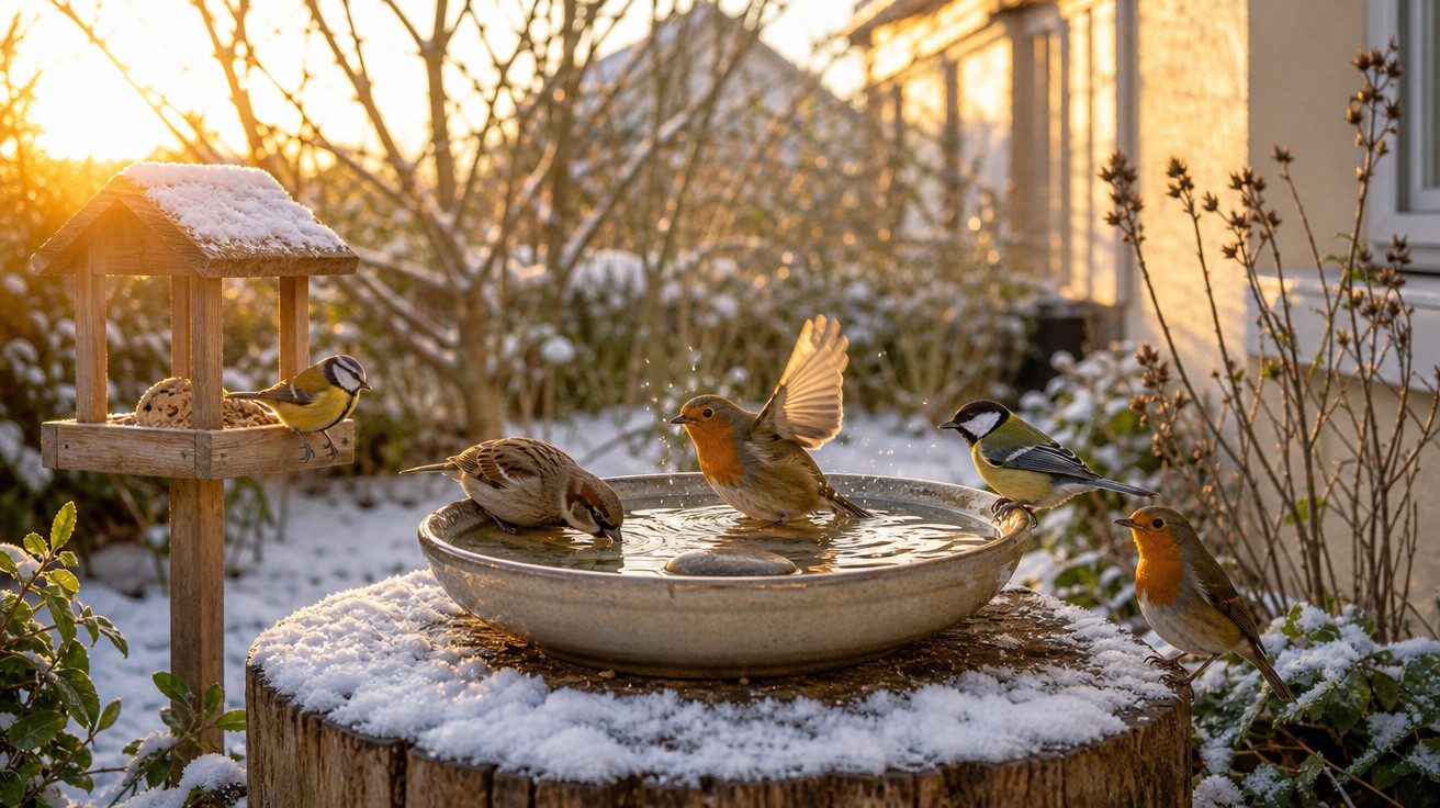 Vários pássaros a beber e a tomar banho numa tigela com neve à volta ao pôr do sol num jardim.