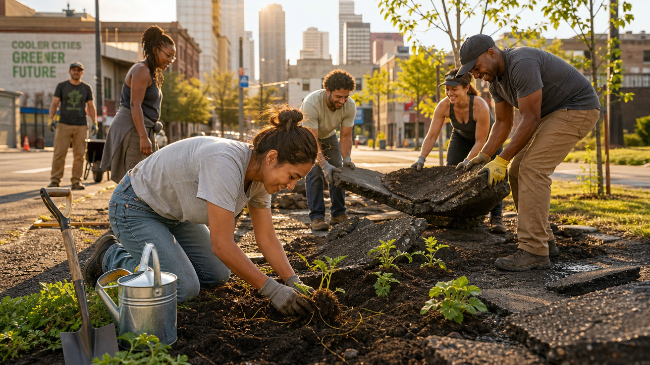 Grupo diverso de pessoas a removerem alcatrão para plantar árvores e melhorar a cidade ao pôr do sol.