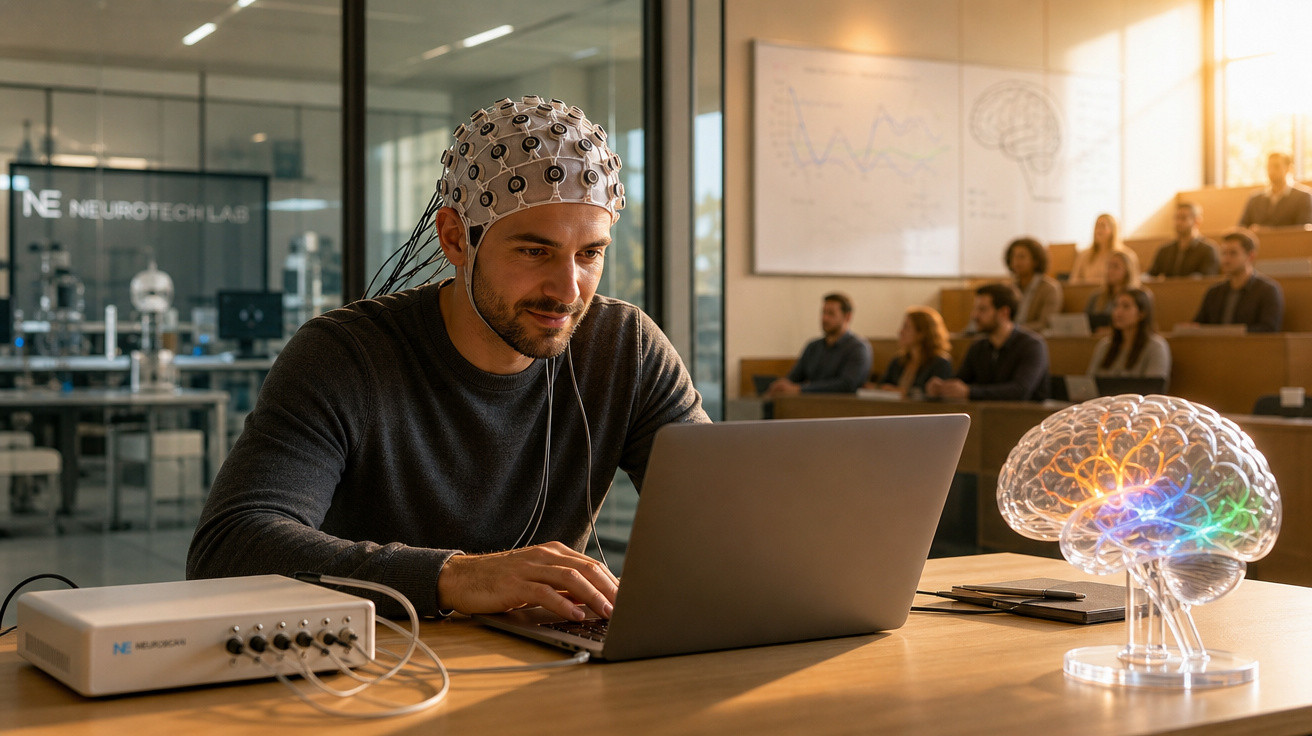 Homem com touca de eletrodos a usar computador num laboratório de neurotecnologia, com modelo de cérebro iluminado na mesa.