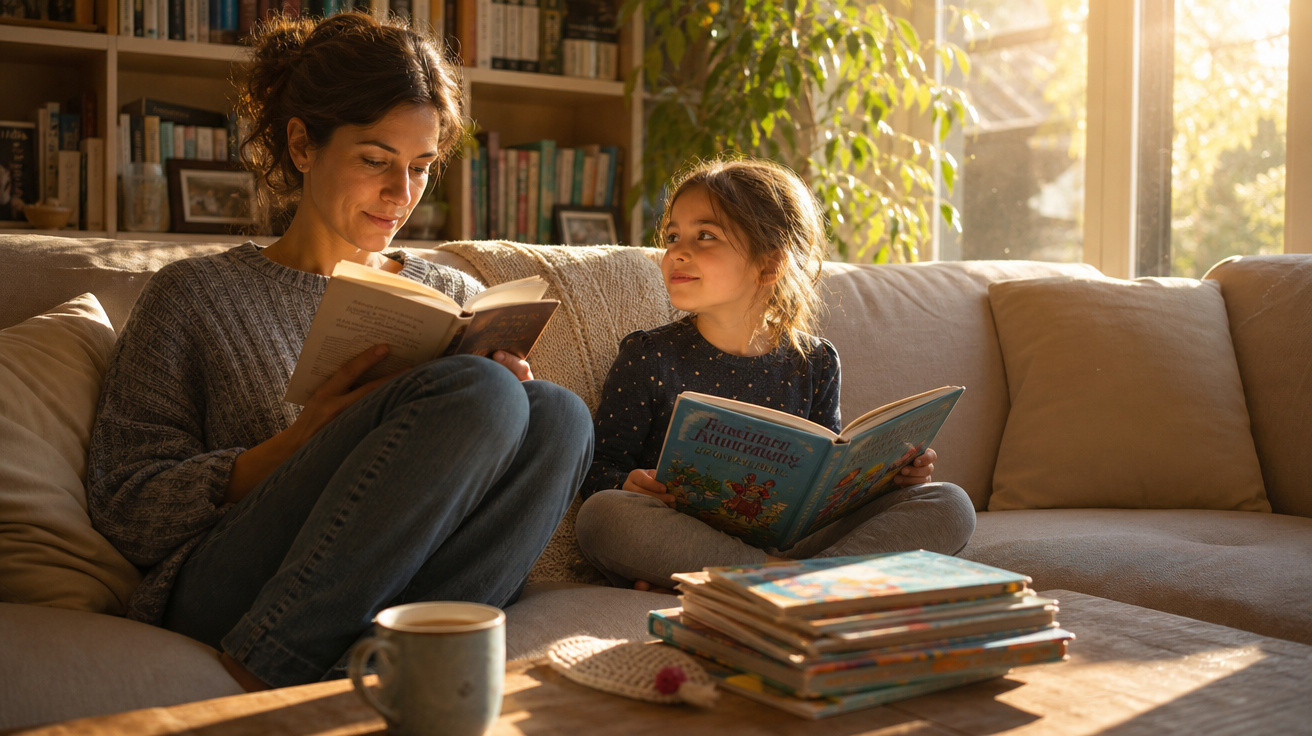 Mulher e menina sentadas no sofá de casa a ler livros, com luz natural a entrar pela janela.